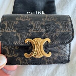 Celine Triomphe Canvas Card Holder in Black and Brown with Gold Hardware